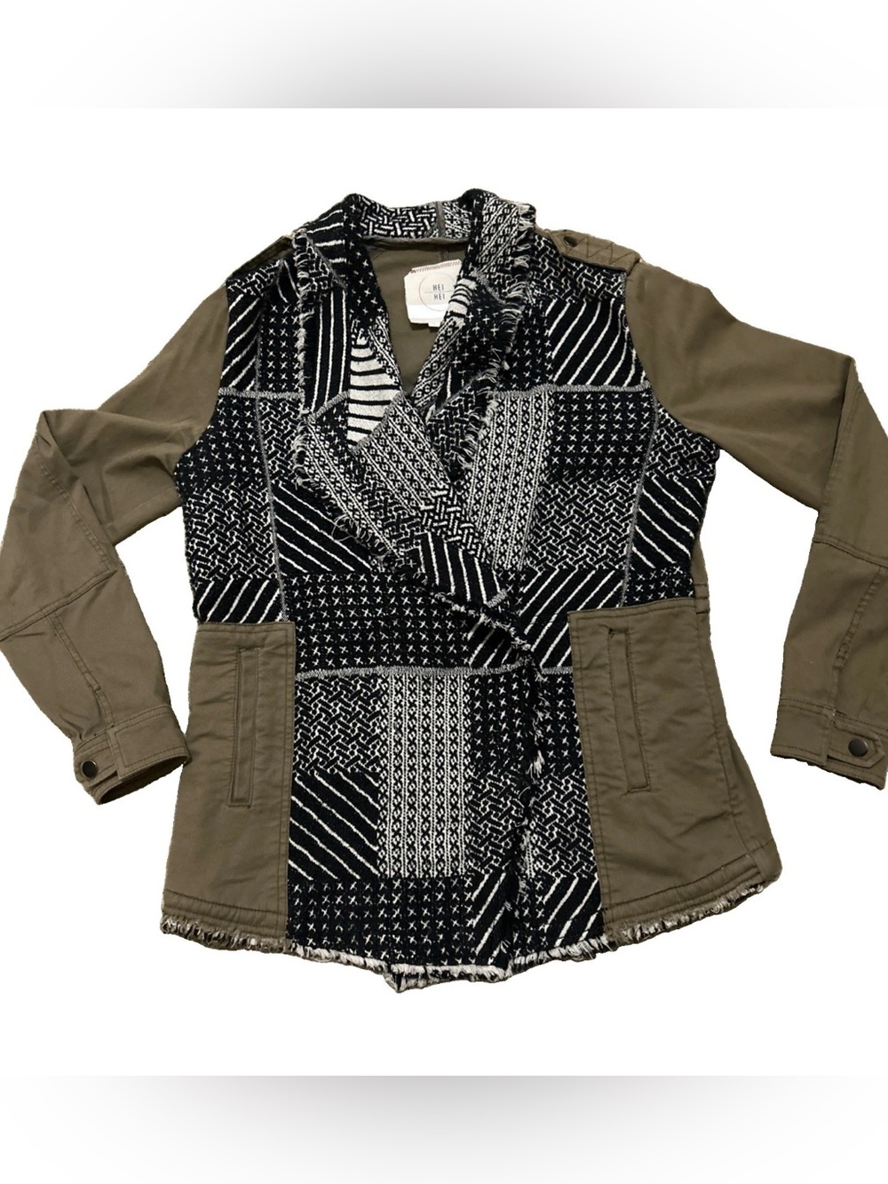Anthropologie Hei Hei Women's S Utility Jacket Olive Green Patchwork Open Front